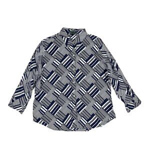 Lauren Ralph Lauren Navy & White Striped Geometric Button Up Blouse Size XL